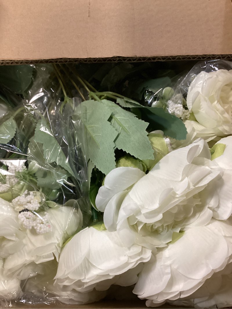 Condition photo showing New/Like New for 12 bundles peonies artificial white flowers bouquet, lifelike silk fake peonies with stems for home table centerpieces, wedding, party & diy bridal floral arrangements (white)