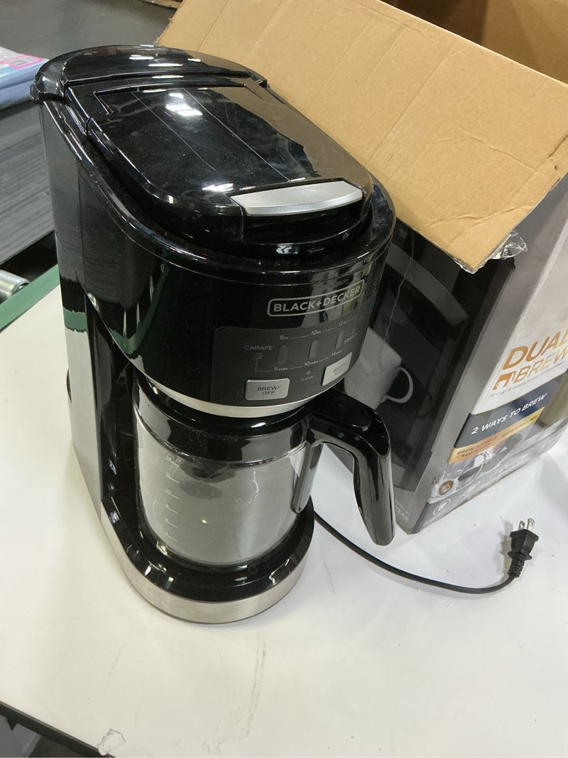 Condition photo showing New/Like New for BLACK+DECKER Dual Brew 14-Cup Carafe Single Serve Coffee Maker with Auto-Clean Function, Compact Design, K-Cup & Reusable Ground Filter Compatible with 70 oz. Water Reservoir & Fast Brew Technology