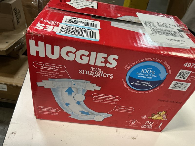 Condition photo showing New/Like New for Huggies Size 1 Diapers, Little Snugglers Baby Diapers, Size 1 (8-14 lbs), 96 Count, Packaging May Vary