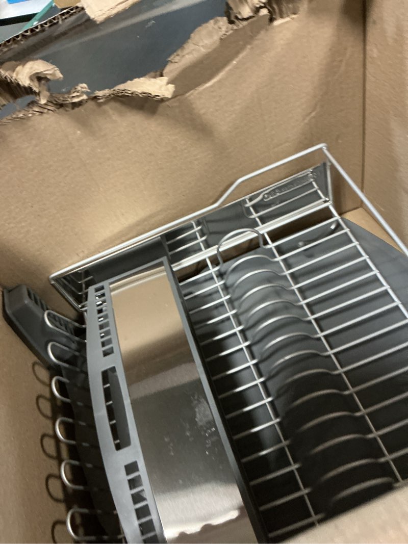 Condition photo showing As Is for kitchenaid large capacity full size rust resistant dish rack with angled drain board and removable flatware caddy, light grey gray full size