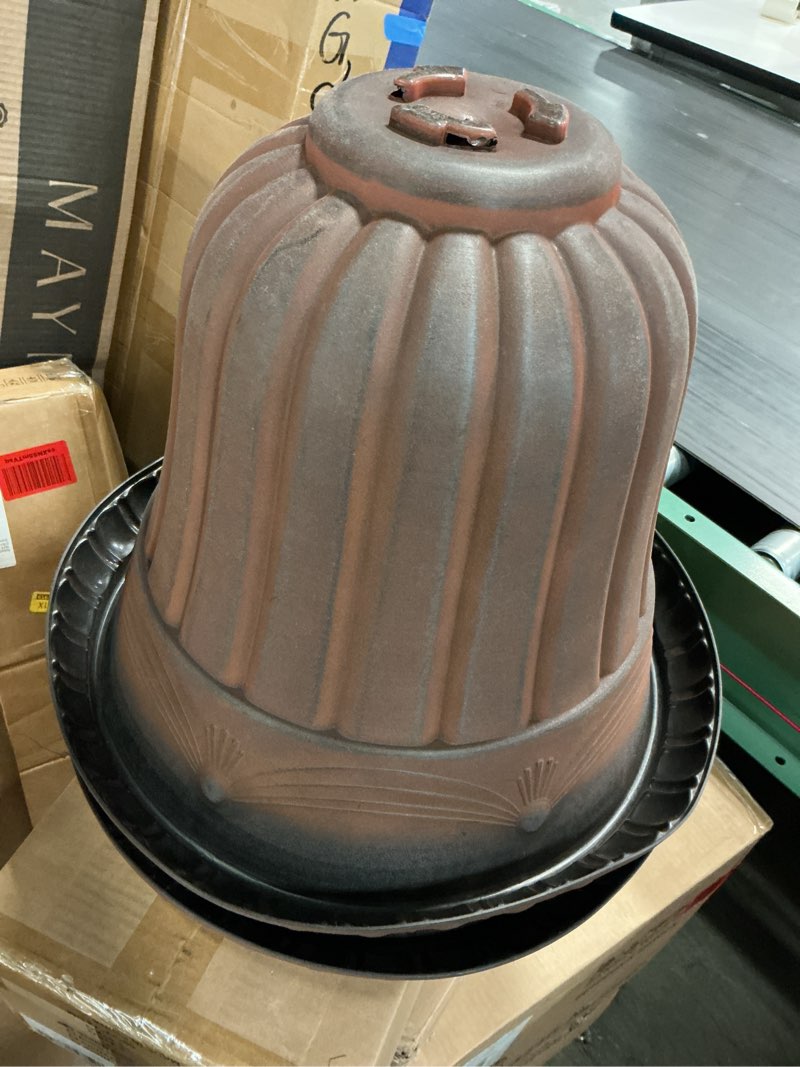 Condition photo showing As Is for outdoor planter 2-pack - 16x18-inch urn planters - plastic plant pots for indoor, outdoor, or front porch decor - flower pots by pure garden (brown)