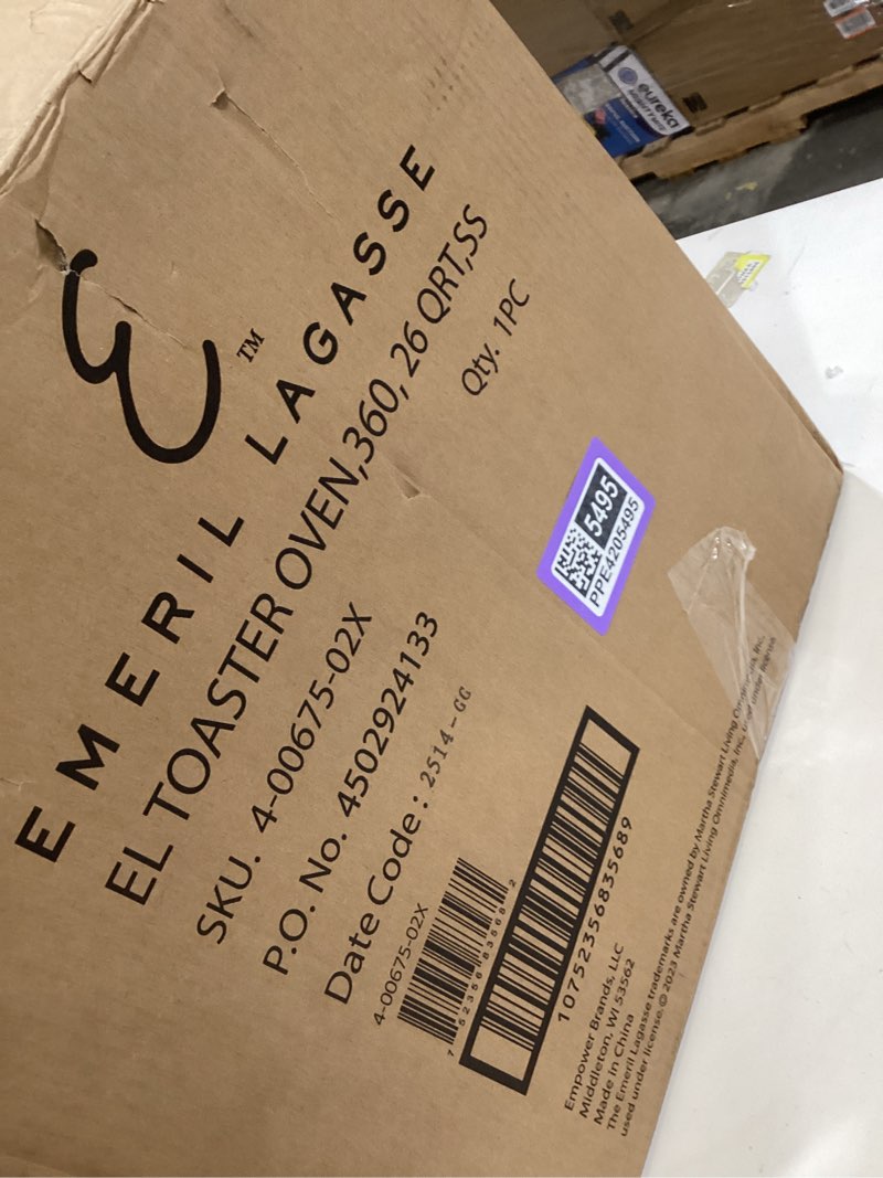 Condition photo showing As Is for dan - emeril lagasse extra large french door air fryer toaster oven combo, 24 cooking functions and digital controls, 7 accessories included, stainless steel finish, 26qt capacity