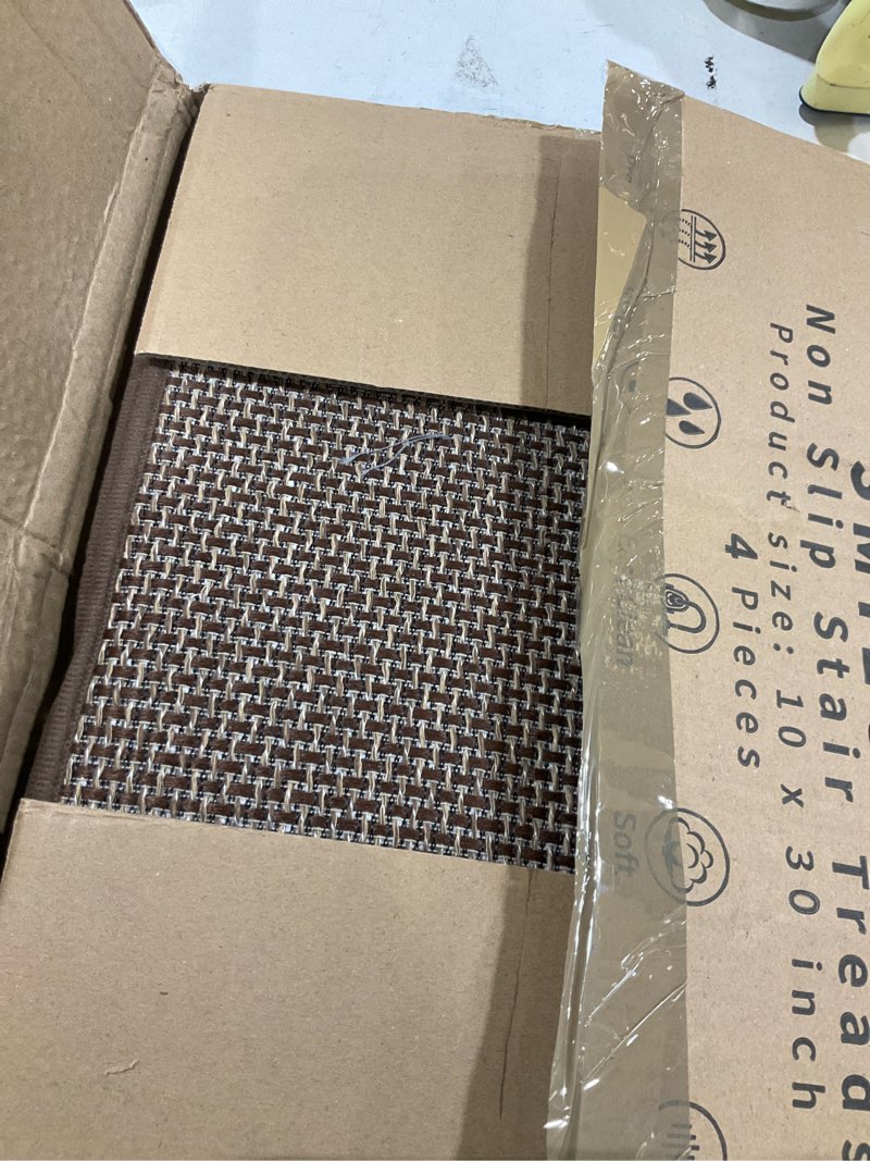 Condition photo showing Good Condition for smilool stair treads non slip for wooden steps indoor 10" x 30" 4 pack extra wide stair tread carpet stairs runner, step pads with reusable adhesive for dogs kids elders, machine washable, brown 10 x 30 inch brown 4