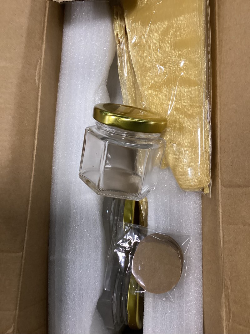Condition photo showing Good Condition for adabocute honey pot, mini glass honey jars with wood dipper, gold lid, bee charms, gold organza bags, thank-you tags, ideal for baby showers wedding favors party favors, 2oz 30 pack