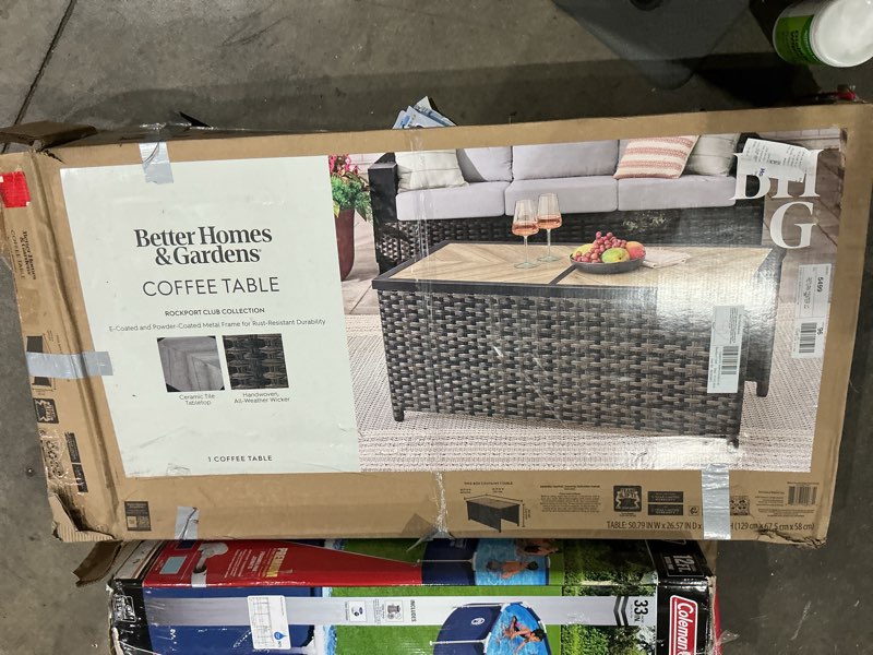 Condition photo showing As Is for better homes & gardens rockport ceramic tile outdoor coffee table, brown
