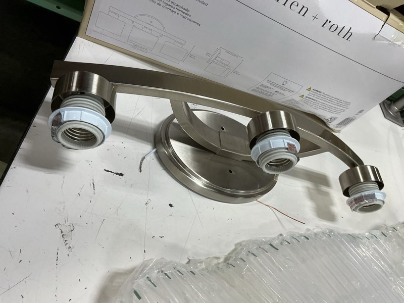 Condition photo showing As Is for allen + roth 3-light merington brushed nickel standard bathroom vanity light