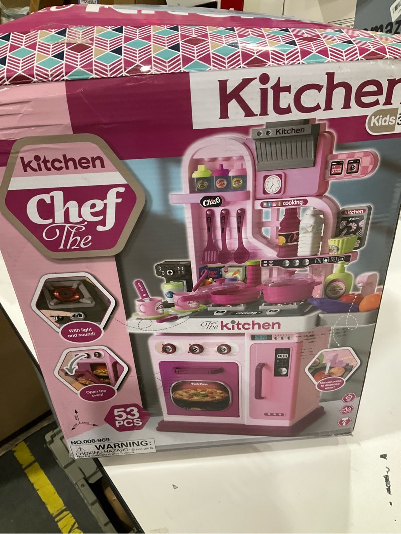 Condition photo showing New/Like New for kids kitchen playset, 27.1 inches play kitchen with sound and light, kitchen set for toddlers 1-3 3-5, cooking stove, play sink and kitchen accessories, toy kitchen (pink)