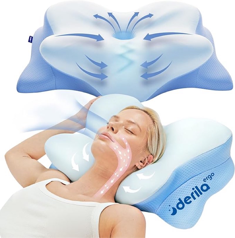 Derila Ergo Cervical Neck Pillow for Sleeping Ergonomic Pillow Contour Neck Support Memory Foam Pillows for Back, Side Sleeper Pillows 21.25 x 14.17 x 4.72 inches