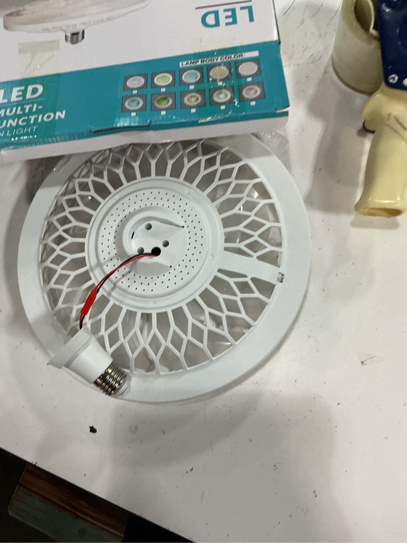 Condition photo showing As Is for light socket fan with remote 12”, screw in socket fan light with dimmable brightness and color temp, socket modern flush mount low profile ceiling fan for bedroom, small living room, kitchen