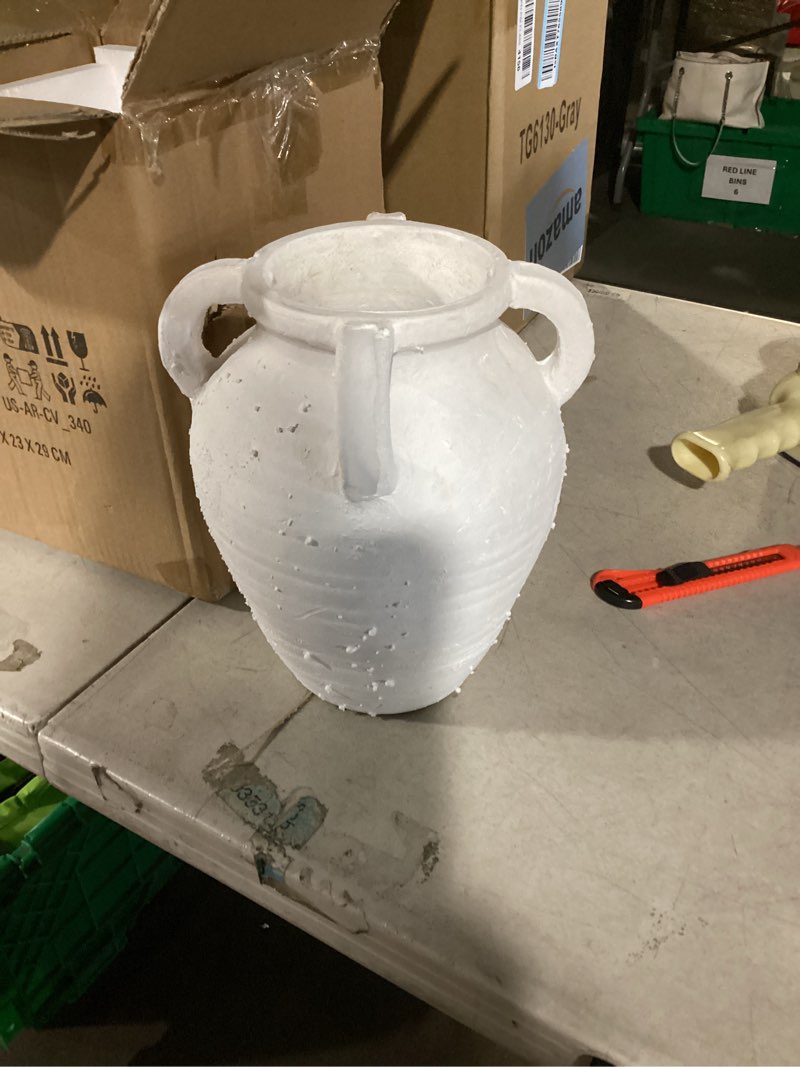 Condition photo showing Good Condition for handcrafted flower vase, 9.8" tall terracotta vase, vintage white ceramic vase, rustic antique decor with 4 handles, wide mouth, matte finish for home office resto café décor white with handles