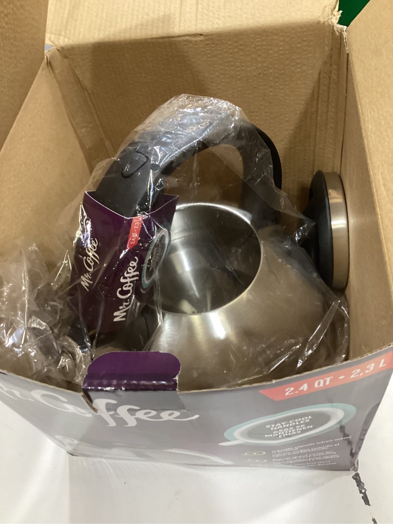 Condition photo showing New/Like New for Mr. Coffee Hartbay 2.4 Quart Whistling Tea Kettle, Large Stainless Steel Stovetop Kettle, Durable Fast-Boil Tea Pot 2.5 Quarts Brushed Satin (Hartbay)