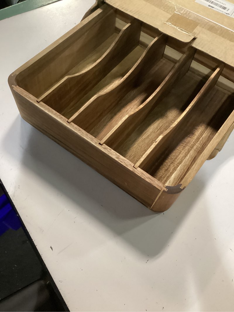 Condition photo showing Good Condition for Silverware Drawer Organizer, Acacia Wood Tray for Cutlery & Flatware | Fixed 10.5" Wide, 7-Compartment Utensil Holder for Forks & Spoons