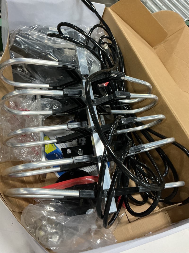 Condition photo showing As Is for onn outdoor tv antenna with mounting pole, up to 85-mile reception range (varies by location), supports ultra hd, full hd, and hd signals