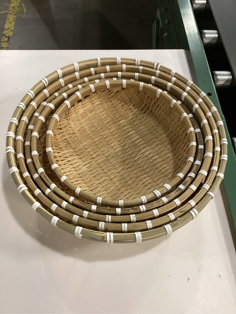 Condition photo showing As Is for Bamboo Woven Round Basket Tray, Bamboo Weaving, Bamboo Weave Tray,Green U Shape Serving Tray for Food Fruit 10 11 12 13 14 inches (5Pcs)