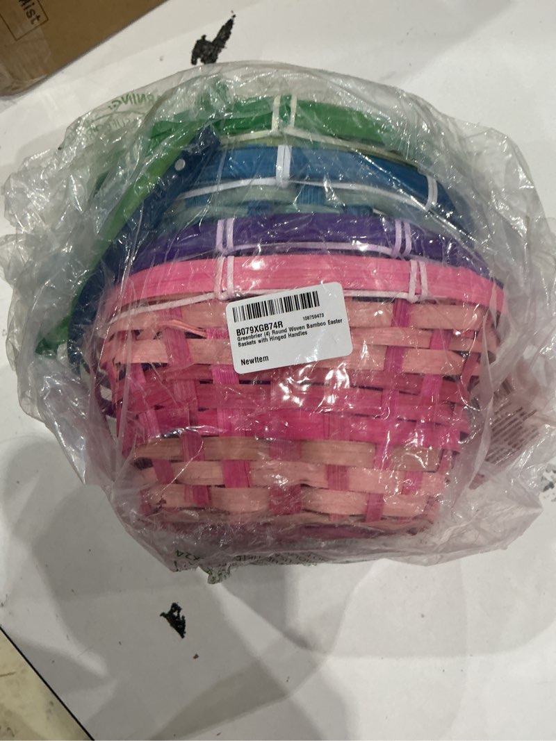 Condition photo showing Good Condition for greenbrier (4) round woven bamboo easter baskets with hinged handles