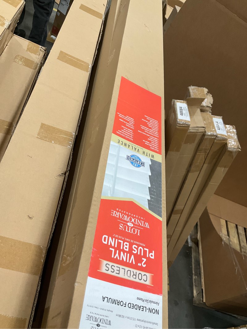 Condition photo showing New/Like New for LOTUS & WINDOWARE Cordless 2" Premium Vinyl Mini Blind, 46" Wide x 72" Long, White, Smooth, Room Darkening, Horizontal Blinds for Living Room, Bedroom, Interior Door Windows 46"W x 72"H White