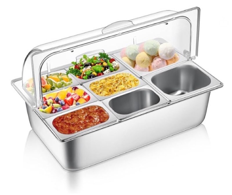 Countertop Food Serving Display Container and Clear Roll Top Cover Stainless Steel Food Serving Tray Buffet Condiment Dispenser Display Rack for Restaurant Hotel Kitchen Party (8 Pan)