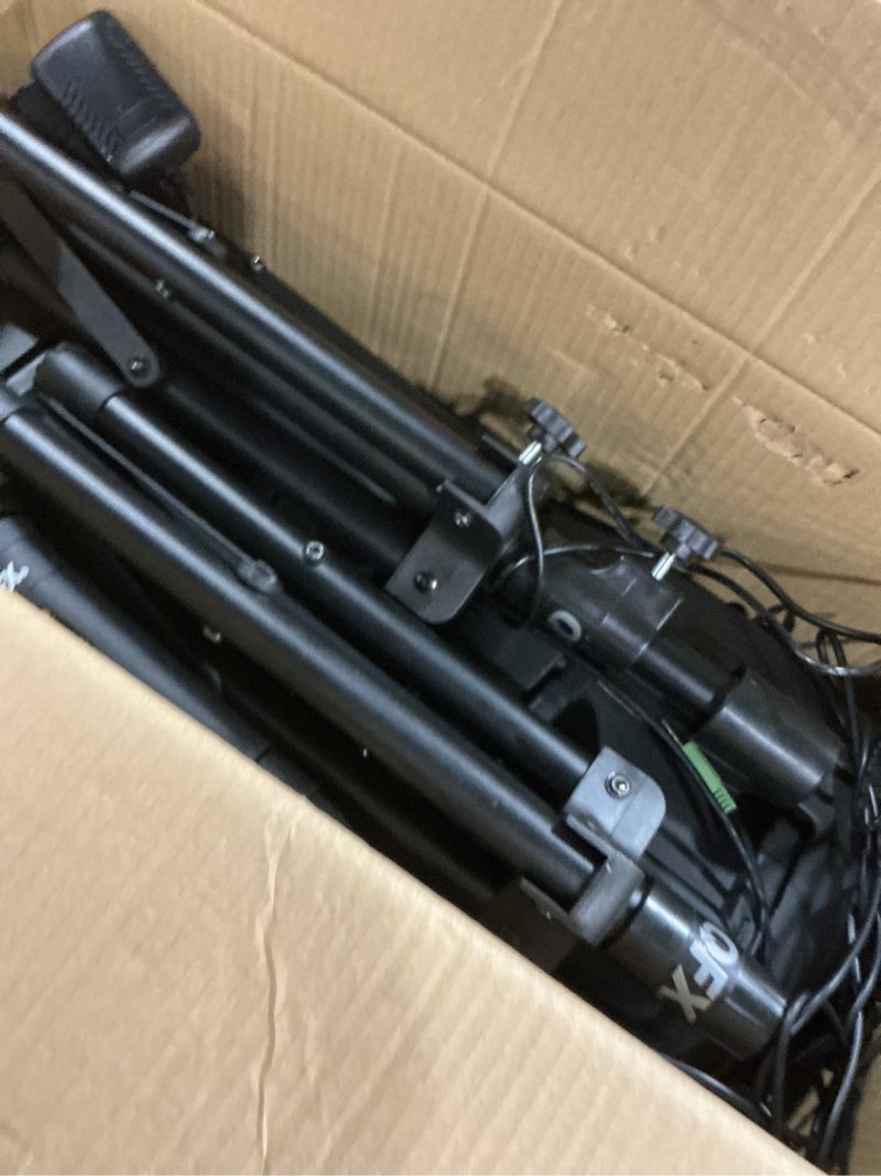 Condition photo showing As Is for QFX PBX-800TWS 8-Inch TWS Bluetooth Stereo PA System with 2 8" Speakers, 2 Microphones, 2 Stands, and a Remote Control