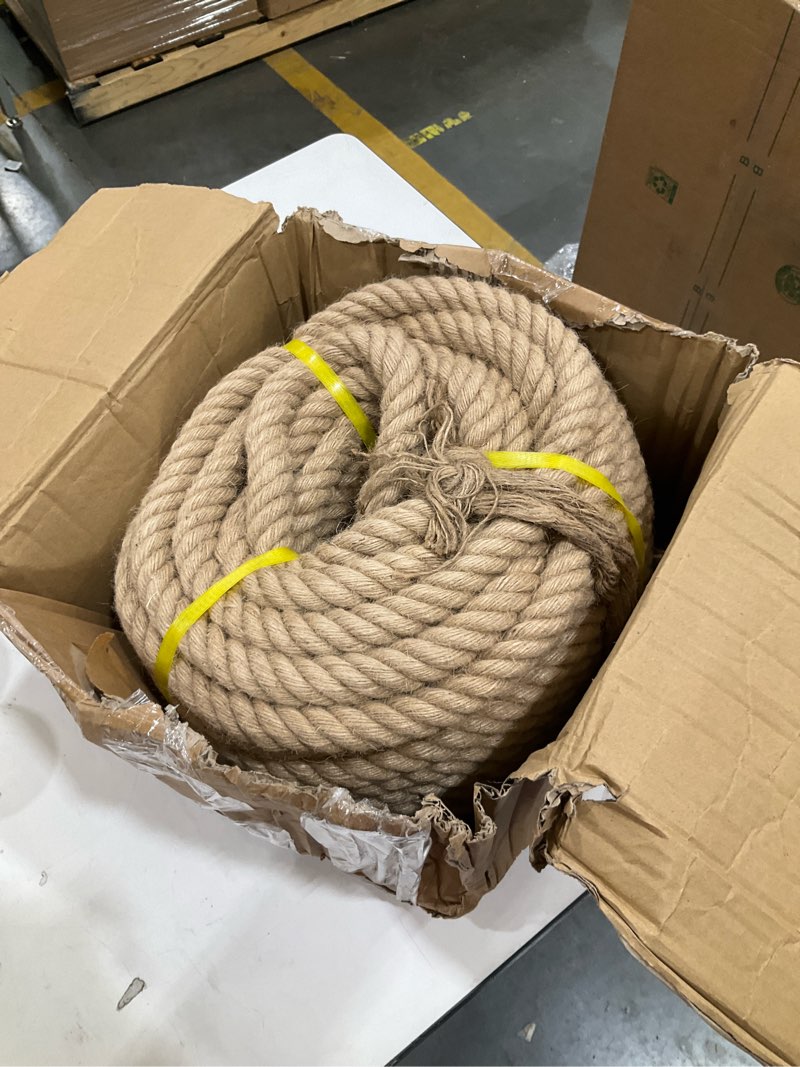 Condition photo showing Good Condition for rope 1 1/4 inch 50 feet jute rope, heavy duty jute rope,natural hemp rope, twisted hemp rope for crafts, gardening, bundling,hammock, nautical, tug of war, railings, home decorating 50ft 1-1/4 inch