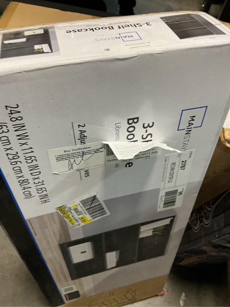 Condition photo showing As Is for mainstays 3-shelf bookcase with adjustable shelves, true black oak