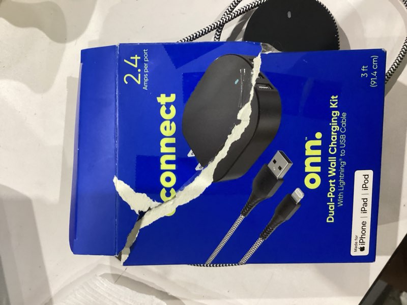 Condition photo showing As Is for onn iphone kit with 3ft lightning to usb cable for samsung, sony, and lg smartphone wibblk100018826 1 pack mfi friendly, plug, cell, phone charger