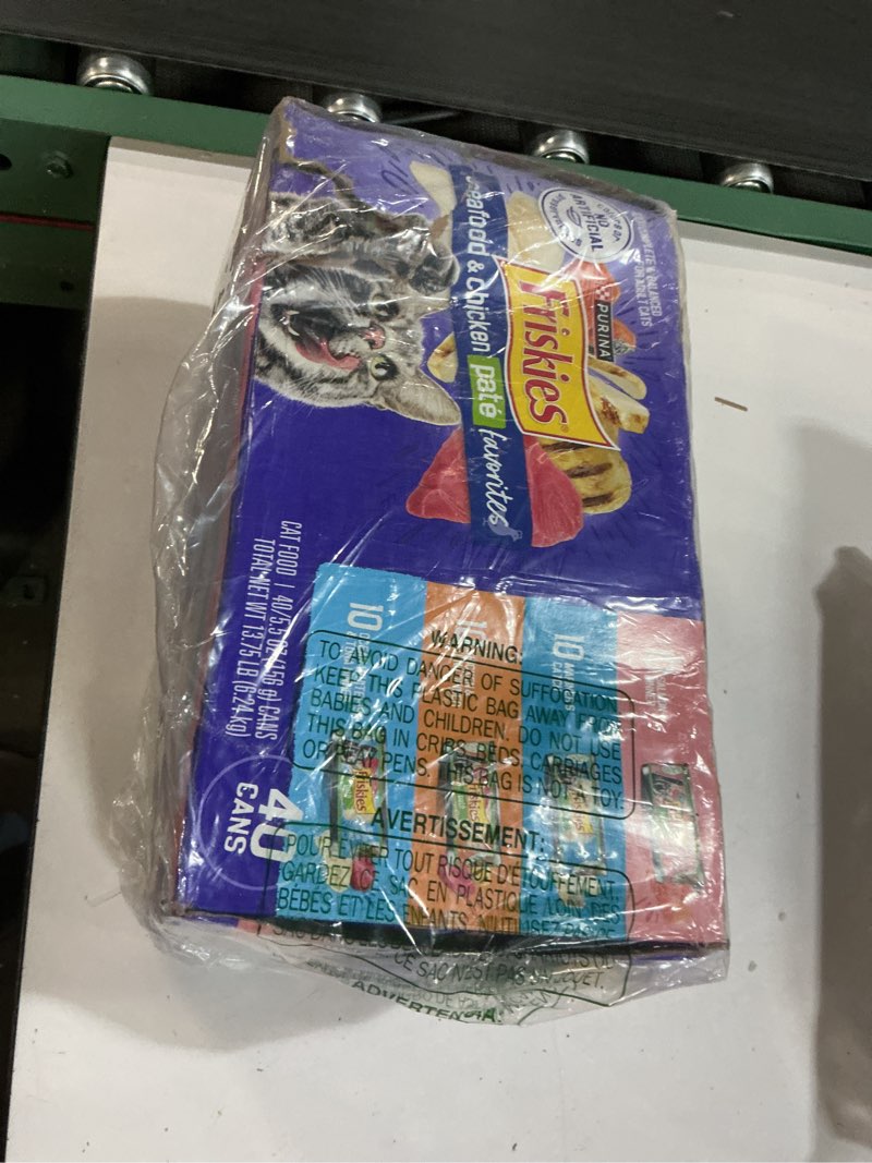 Condition photo showing New/Like New for ( BB/SEP/2027) Purina Friskies Pate Wet Cat Food Variety Pack Seafood and Chicken Pate Favorites 40ct VP - (Pack of 40) 5.5 oz. Cans 5.5 Ounce (Pack of 40)