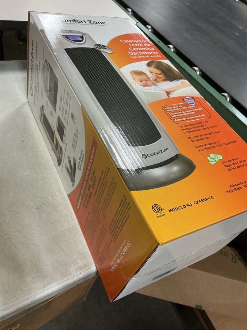 Condition photo showing New/Like New for Comfort Zone Electric Oscillating Ceramic Tower Space Heater, Remote, Backlit Digital Thermostat & Temperature Display, Timer, & Overheat Sensor, Ideal for Home, Bedroom, & Office, 1,500W, CZ499R