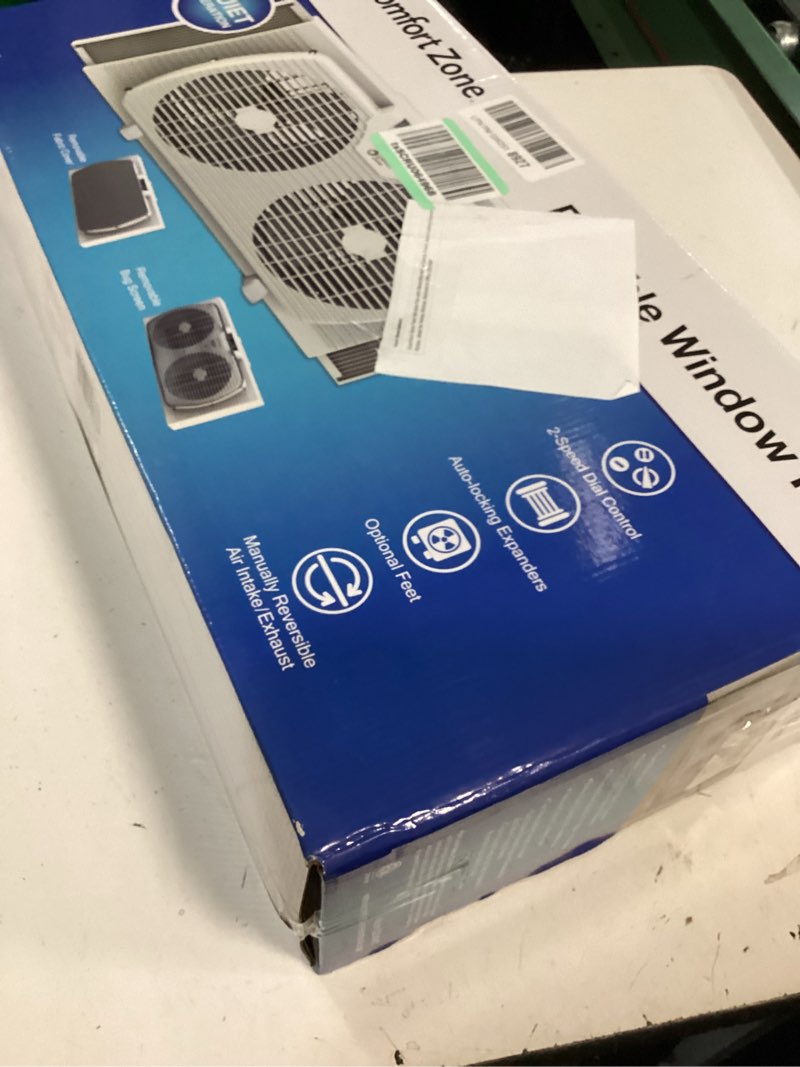 Condition photo showing New/Like New for comfort zone twin window fan with reversible airflow control, 9 inch, auto-locking expanders, 2 speed fan, dual fan, exhaust, airflow 9.84 ft/sec, ideal for home, kitchen, bedroom & office, cz319wt white 9"