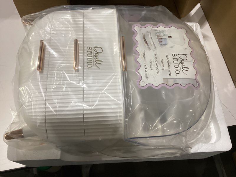 Condition photo showing New/Like New for dwellstudio dustproof makeup organizer for cosmetics and skincare - stylish storage solution for your beauty essentials oval white