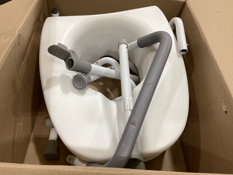 Condition photo showing As Is for raised toilet seat with handles for seniors, 5-inch rise | toilet seat risers for seniors with handles and padded arms, elevated seat for handicap, fits standard & elongated commodes