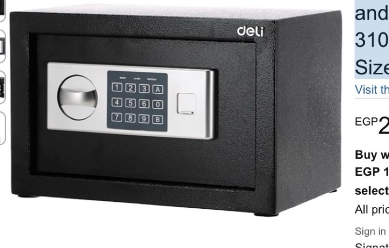 Deli ET520 Digital Safe Box with Keypad and Key, 200 mm x 310 mm x 200 mm Size, Black