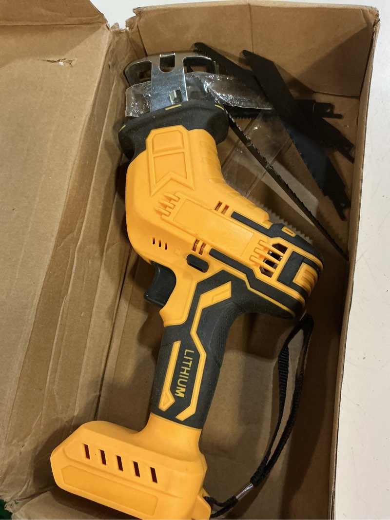 Condition photo showing As Is for reciprocating saw for dewalt 20v battery, one-handed cordless recipro saw 0-3500 spm variable speed, easy blade change, 4 blades for wood/metal/pvc cutting(no battery) tool only for dewalt 20v(no battery)