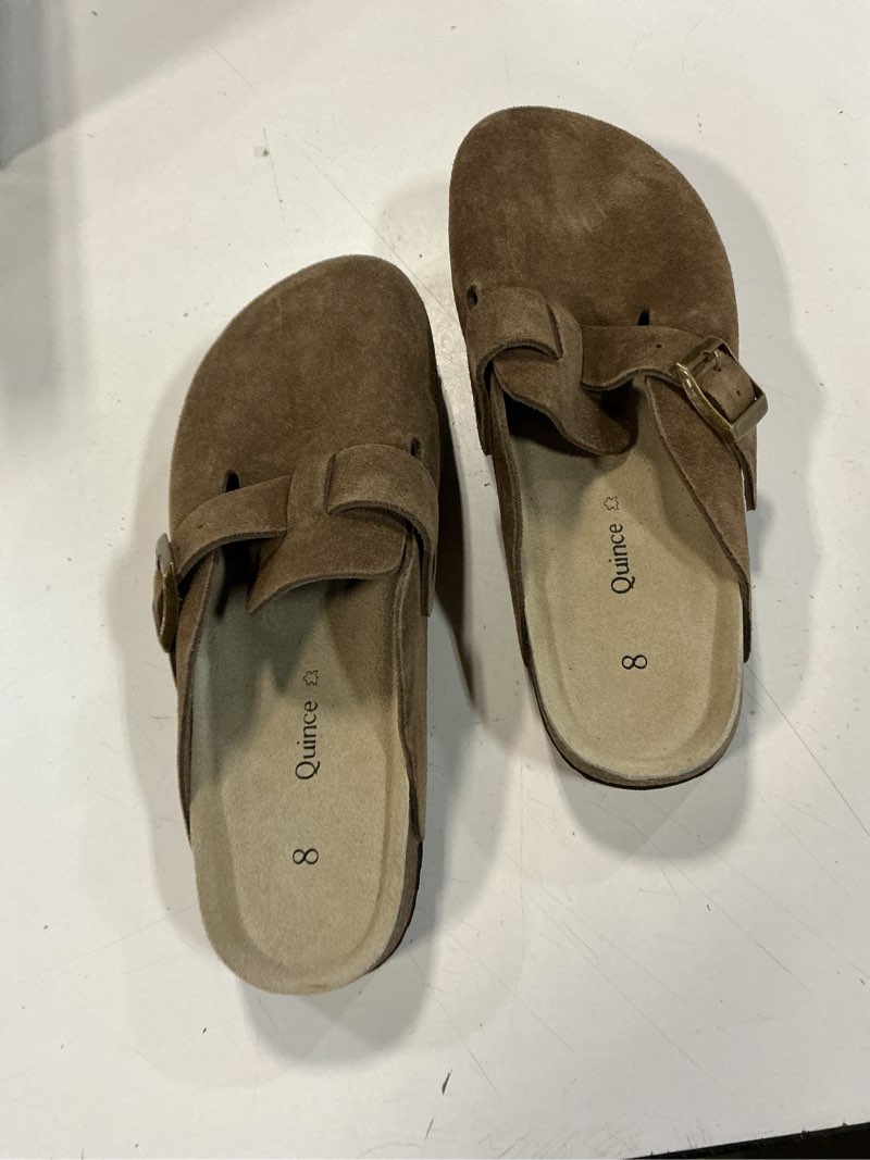 Condition photo showing As Is for quince water repellent suede clog mule, 8, cafe