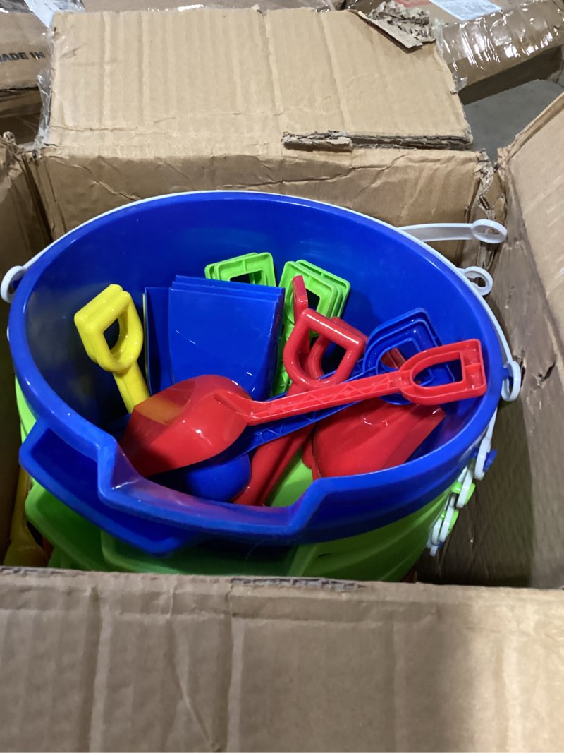 Condition photo showing As Is for 24 set beach sand buckets and shovels set includes 9 inch large sand buckets and shovels beach pails toys for kids for summer theme party favors summer game (4 colors) 4 colors 24