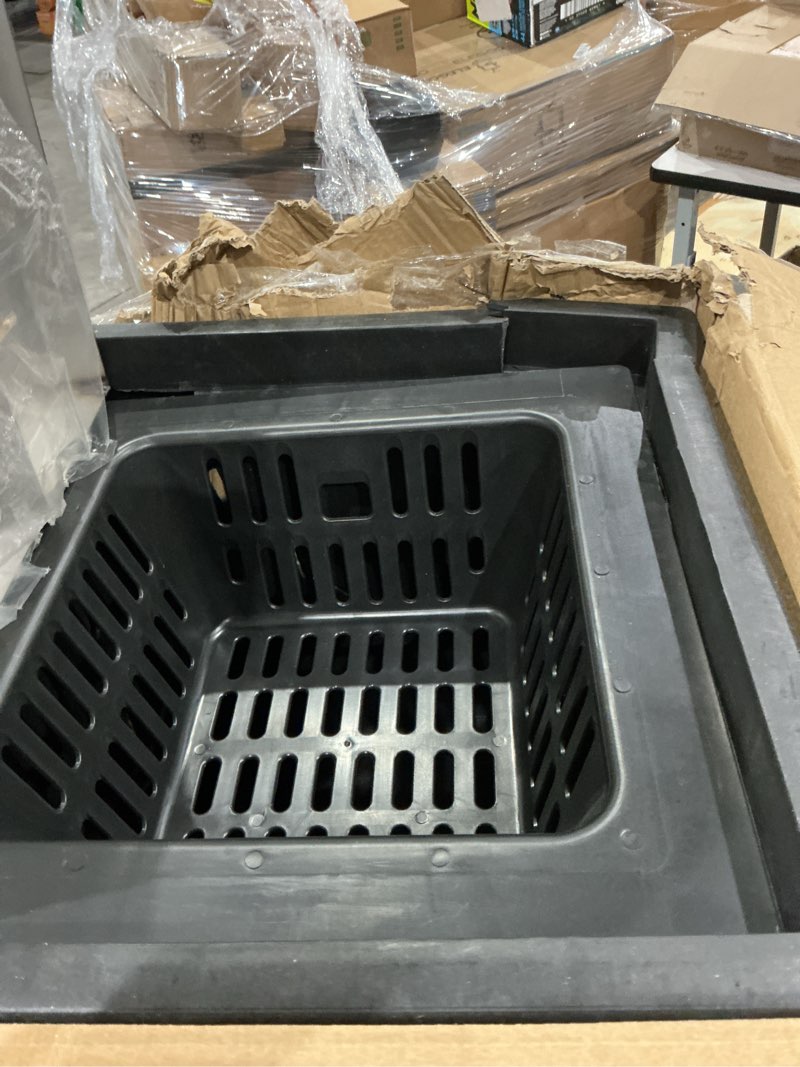 Condition photo showing As Is for 18x18x15 inch catch basin with stainless steel grate, large drainage basin with debris basket, french drain basin without reserved hole for yard, patio, downspout, commercial, municipal pipeline, lawn