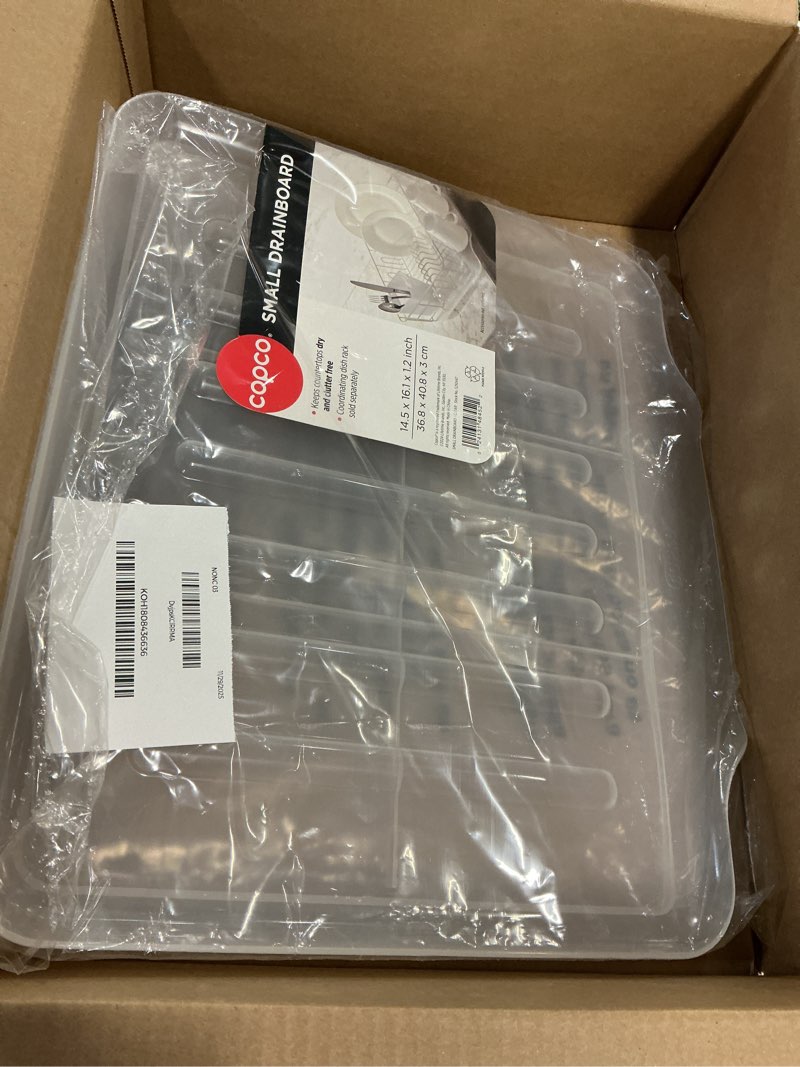 Condition photo showing Good Condition for Copco Small Clear Drain Board Fits Under Any Small Dish Rack to Catch Water or for Larger Pots Alone, Angled Base Allows for Self Draining with Raised Ribs to Prevent Water from Puddling