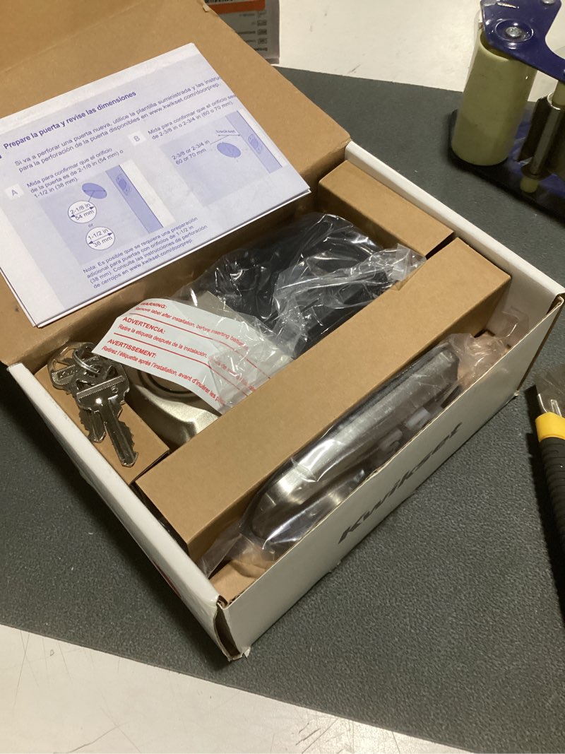Condition photo showing As Is for kwikset powerbolt 250 10-button keypad matte black transitional electronic deadbolt door lock, featuring convenient keyless entry, customizable user codes and auto-locking