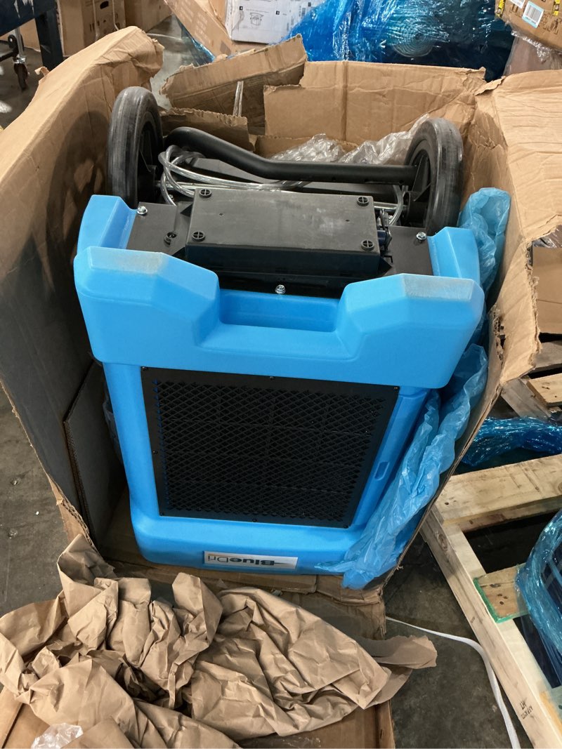 Condition photo showing As Is for bluedri bd-bd-130-bl industrial commercial dehumidifier with hose for basements in homes and job sites, blue