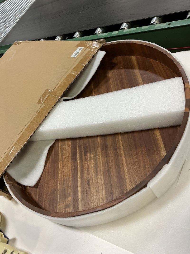 Condition photo showing As Is for Extra Large Round Ottoman Coffee Table Tray, 22" Big Kitchen Serving Trays for Huge Ottoman Counter Giant Decorative Organizer, Huge Wood Serveware Tray with Built-in Handle for Big Job 22" Round Tray - Acacia