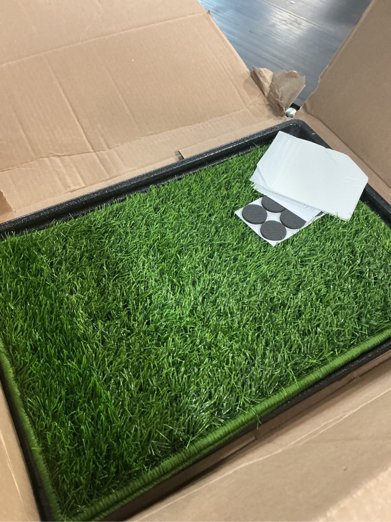 Condition photo showing Good Condition for dog grass pad with tray small 23" x 16", dog puppy litter box with odor free artificial grass pee pads for dogs potty tray with hemmed edge, realistic for indoor balcony small(no grate) for dog? 19" length