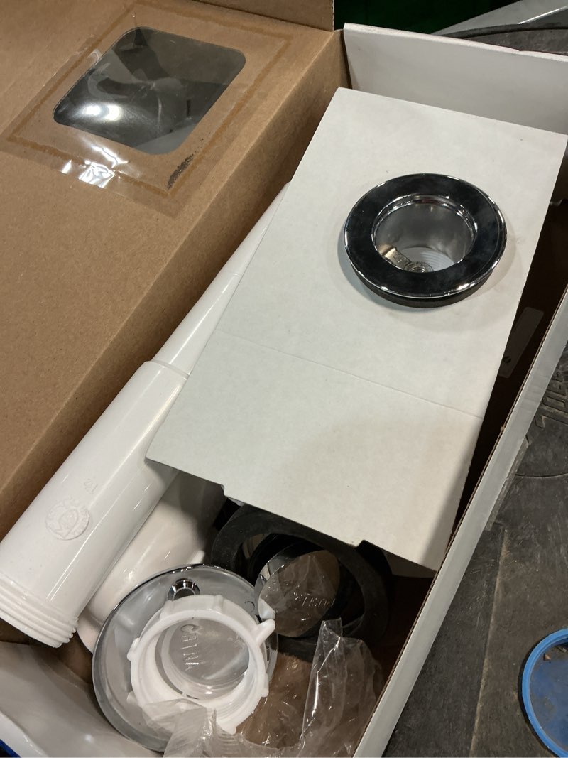 Condition photo showing As Is for keeney 1-1/2-in brushed nickel foot lok stop white/brushed nickel foot lock drain with