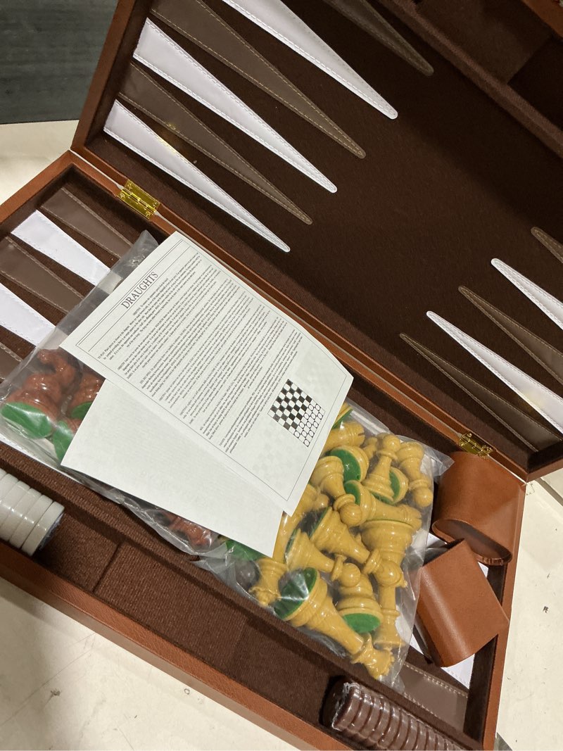 Condition photo showing Good Condition for large 3-in-1 chess set & checkers backgammon set – 19" folding leather chess board with handle, acrylic chess pieces & checkers, 4" king with 2 extra queens, luxury travel board game set