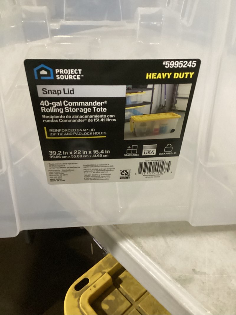 Condition photo showing As Is for project source commander x-large 40-gallon s (160-quart) clear heavy duty rolling tote lid not included