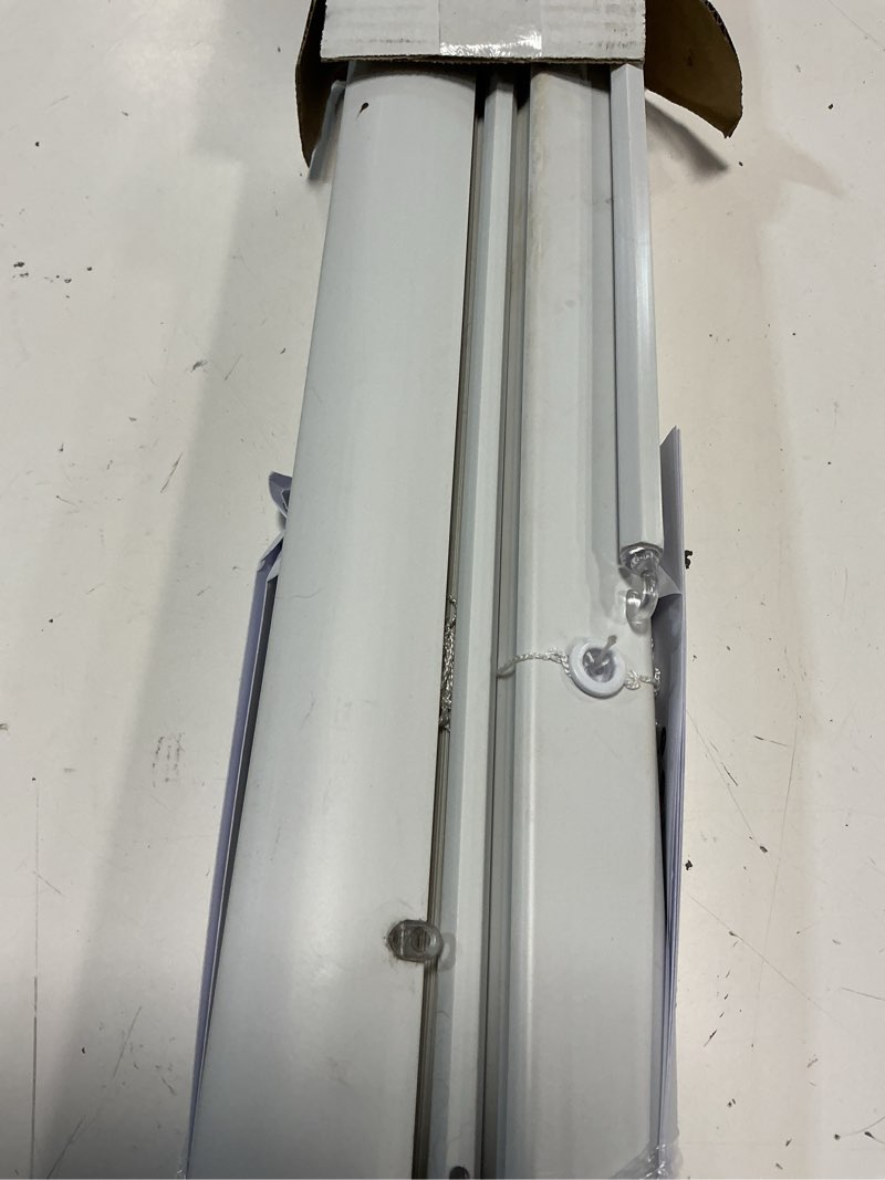 Condition photo showing As Is for project source light filtering 1-in slat width 35-in x 64-in cordless white vinyl light filtering mini-blinds