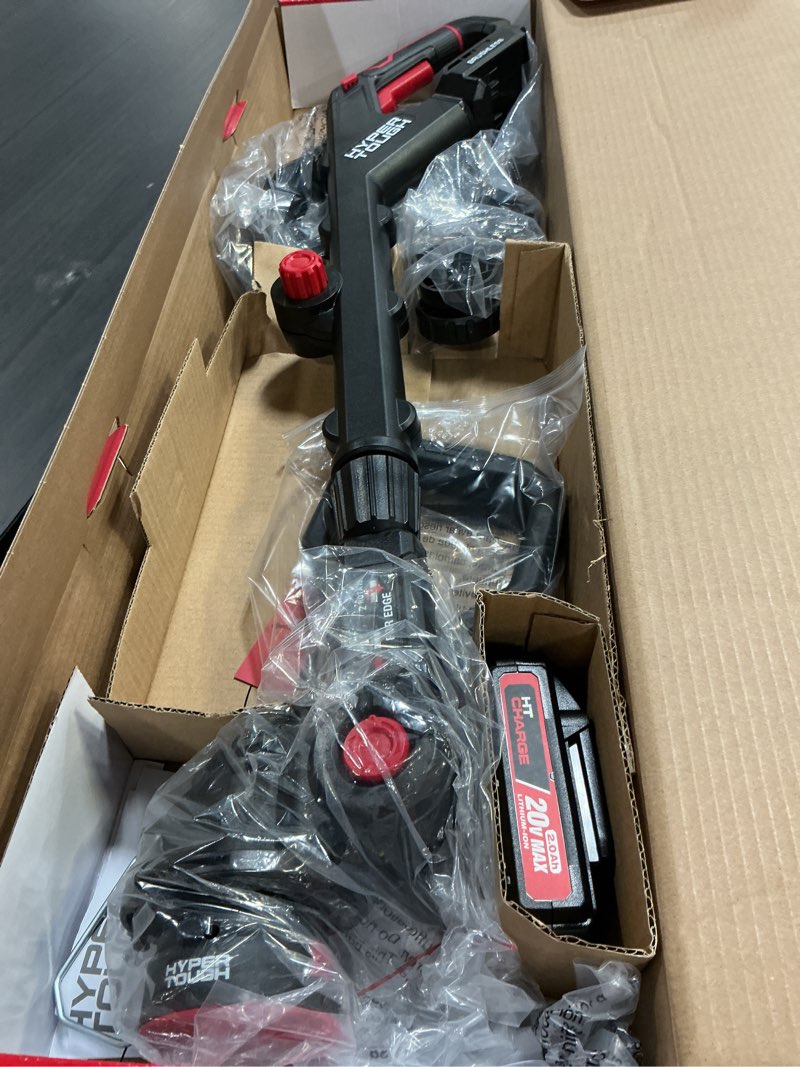 Condition photo showing Good Condition for hyper tough 12" 20v brushless cordless string trimmer with 20v max 2.0ah battery and charging cable