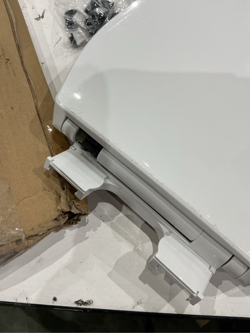 Condition photo showing As Is for 1m family toilet seat, patented slow close & quick releasing technology, anti-wiggling, easy to install and clean, standard elongated with toddler seat built in (1 piece) 1 elongated with toddler seat built in