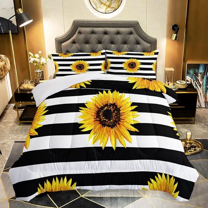 AILONEN Sunflower Comforter Set Queen Size, Black and White Striped Flower Bedding Set,Superior Yellow Flower Bed Set,Printed Stripe Quilt,Pillow Case,Microfiber Fabric