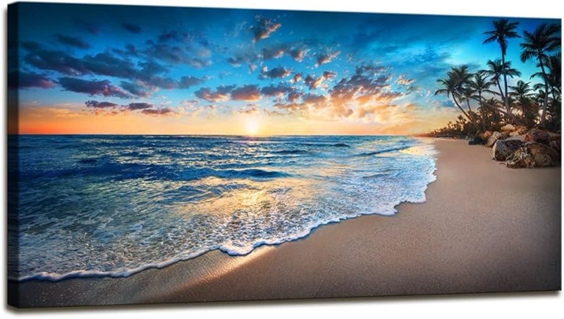 Jiuqinghua Canvas Prints Wall Art Blue Beach Ocean Landscape Paintings 1 panel Sunset Sea Waves Wall 3’11x 2