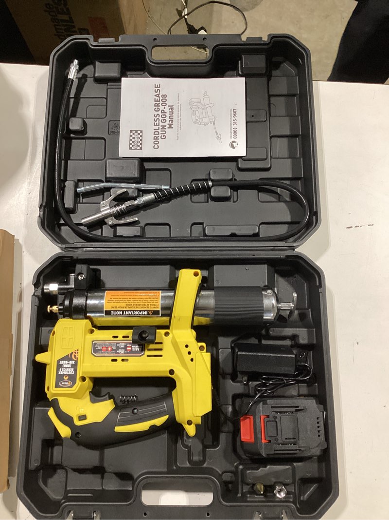Condition photo showing Good Condition for bravex cordless grease gun compatible with makita 21v battery, 12,000 psi electric grease gun battery powered, 40" high pressure long hose w/quick release coupler & rechargeable battery pack battery grease gun