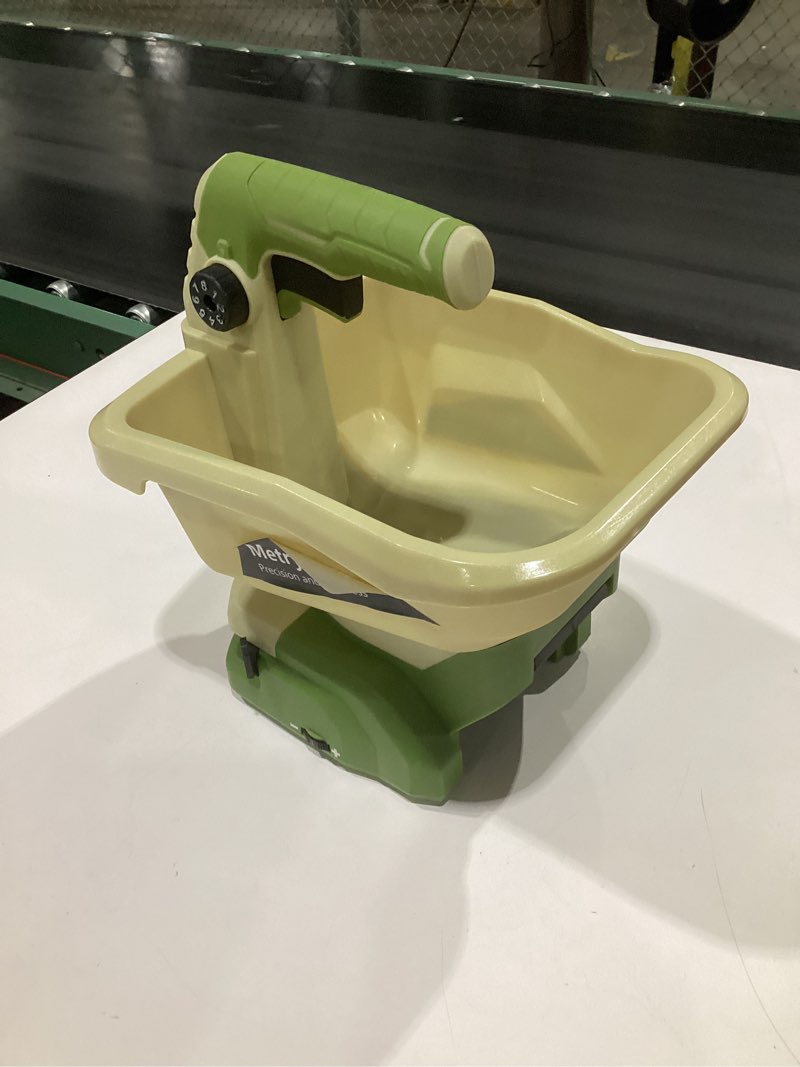 Condition photo showing Good Condition for (incomplete parts)hand grass seed spreader for lawns, fertilizer broadcast speader handheld, compatible for makita 18v/21v li-ion battery, 3.3 l capacity, 8-level no battery yellow